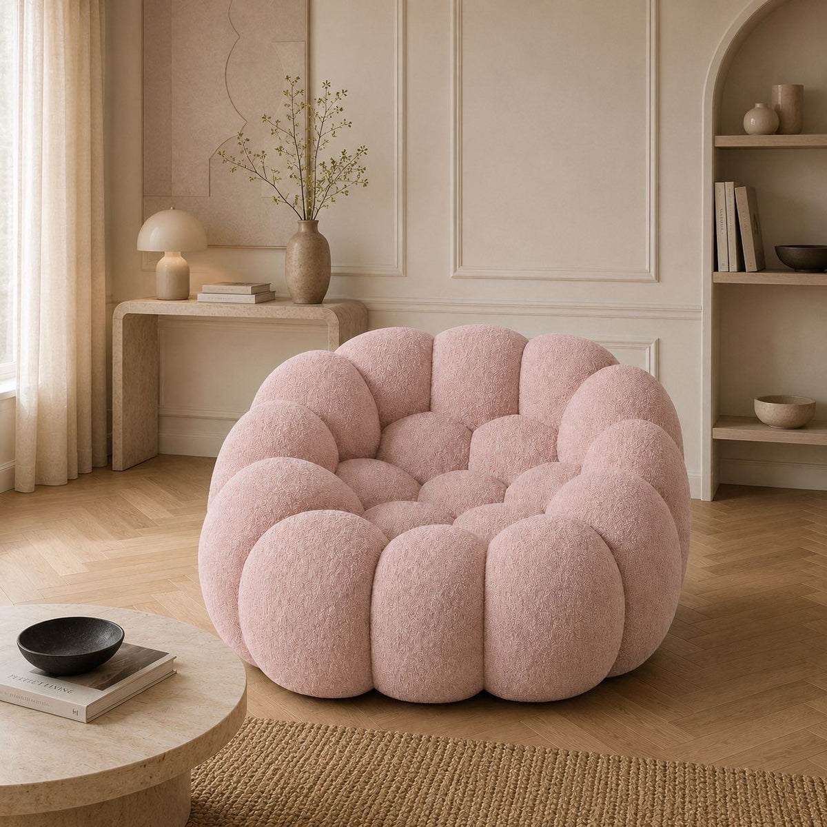 Canapé bubble 1 place Brume — Bouclette Rose poudré